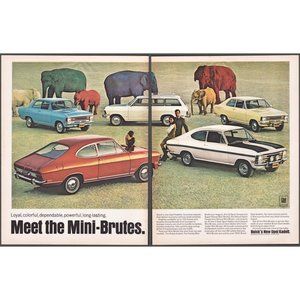 1968 Buick Opel Kadett Mini Brutes 2 Page Vintage Print Ad Elephants Wall Art
